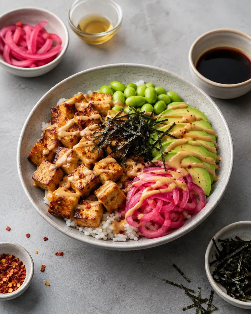 Tofubowl med edamame och misodressing