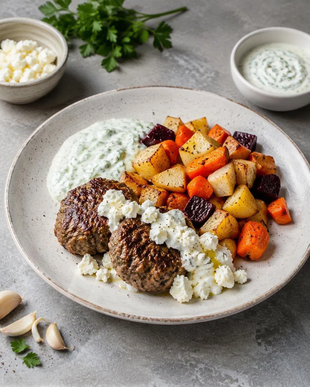 Lammfärsbiffar med fetaostcreme, rostade rotfrukter och myntayoghurt
