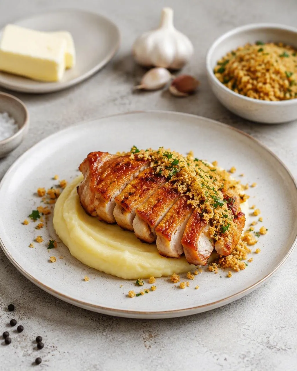 Kycklinglårfilé med krispig pangrattato, citron och potatispuré