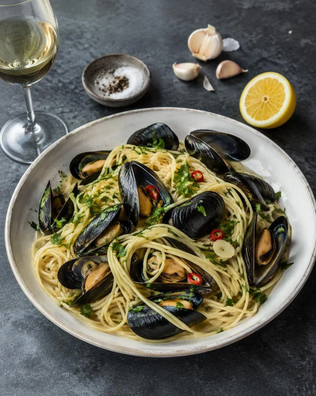 Spaghetti med blåmusslor i vitt vin och persilja