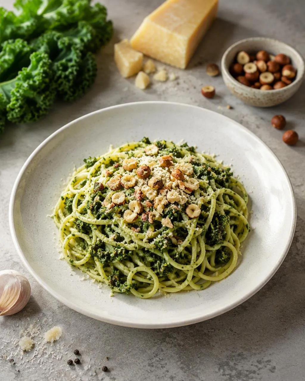 Pasta med grönkålspesto och hasselnötter
