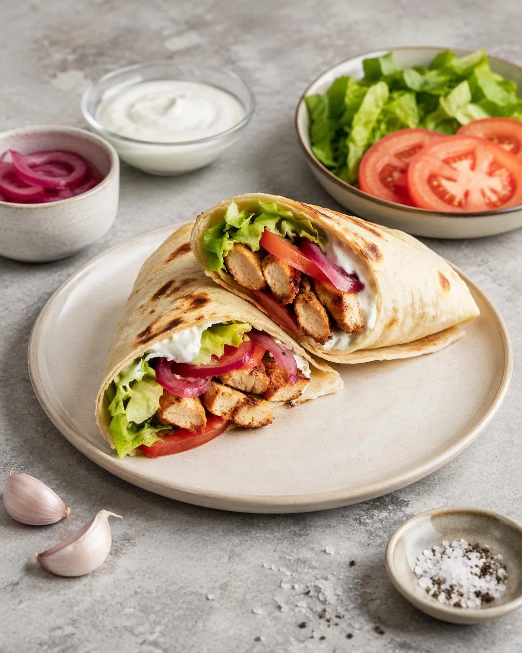 Kycklingwrap med vitlökssås och sallad