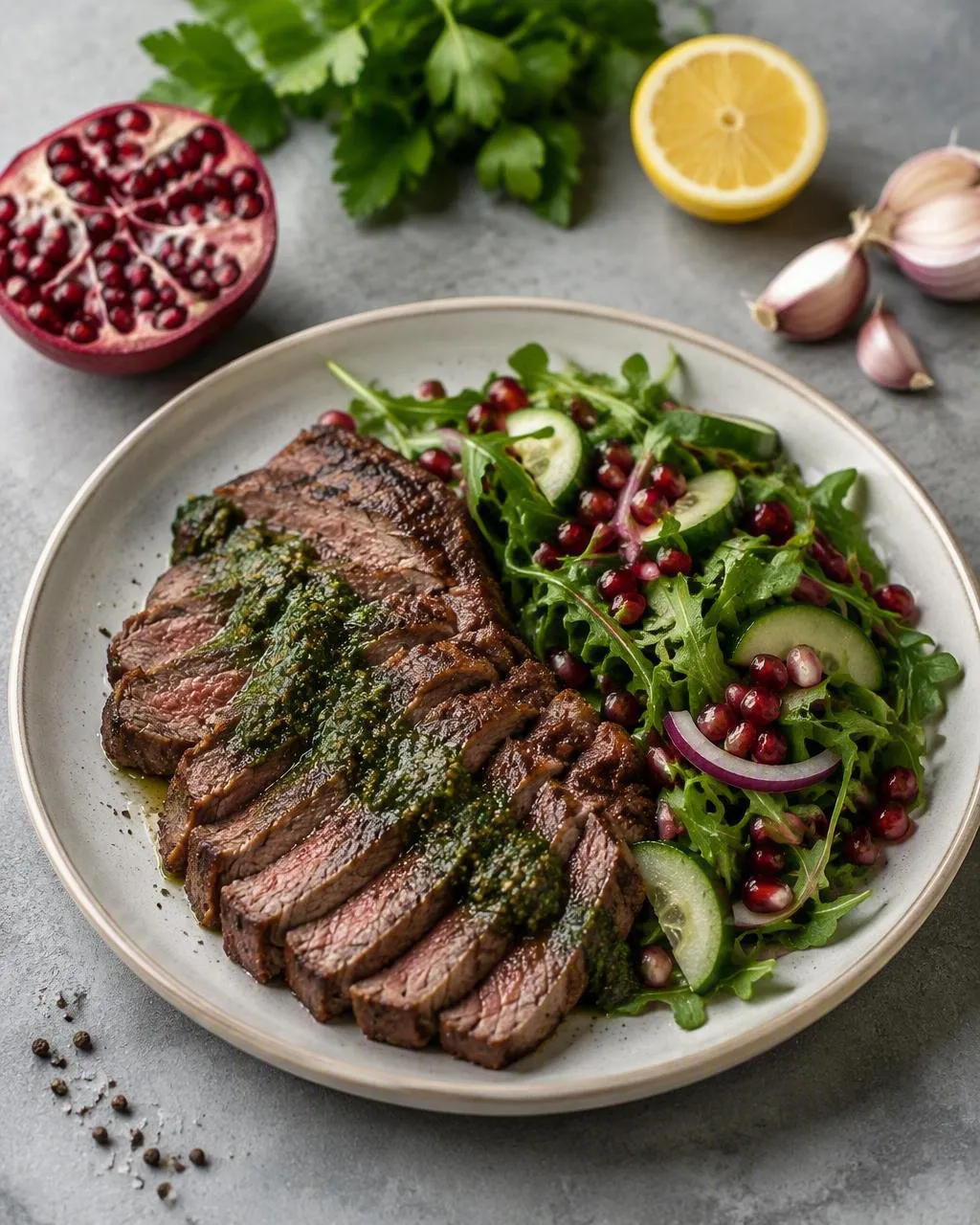 Grillad lammstek med myntapesto och granatäppelsallad