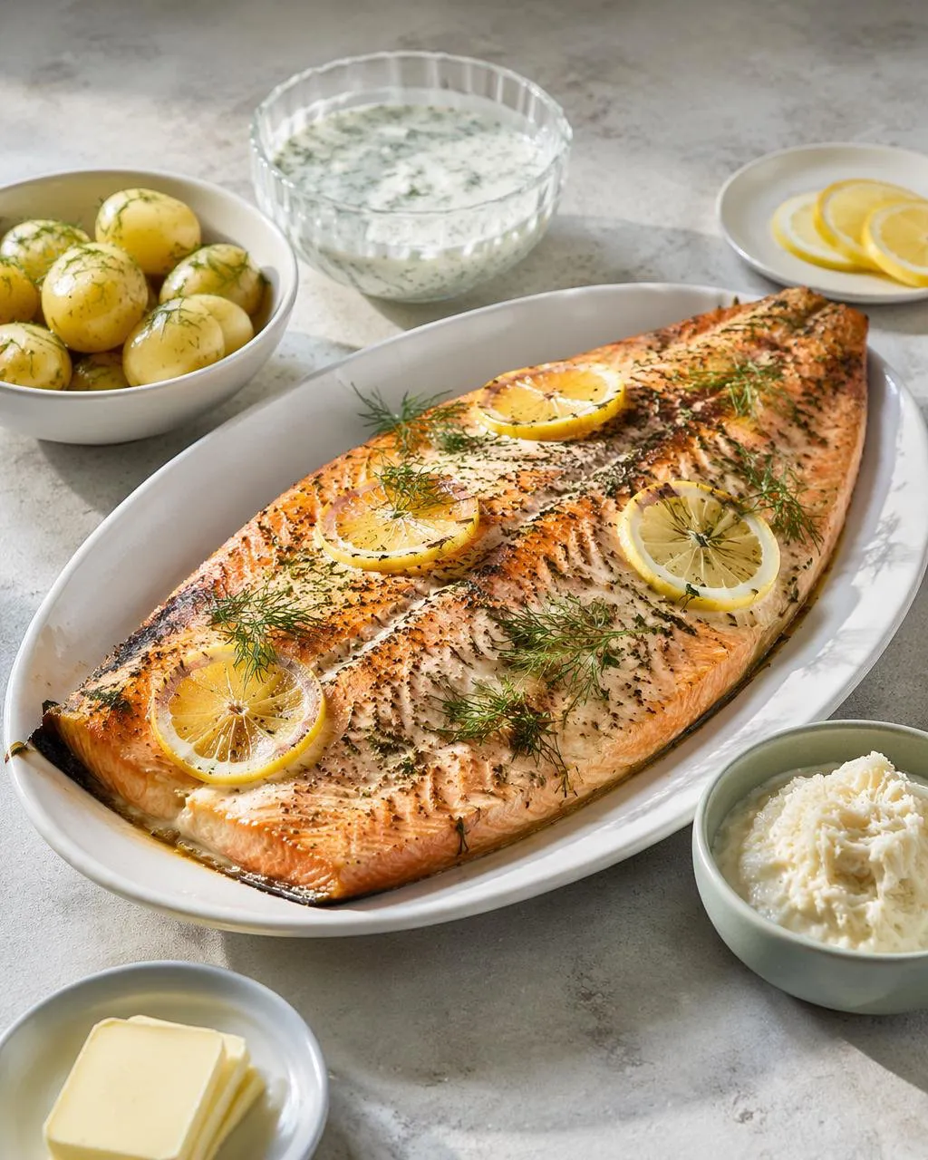 Ugnsbakad lax med citron- och dillsås
