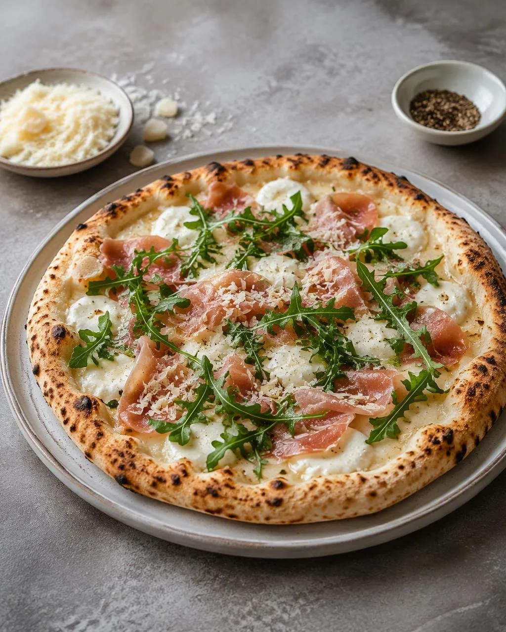 Pizza bianca med prosciutto och rucola