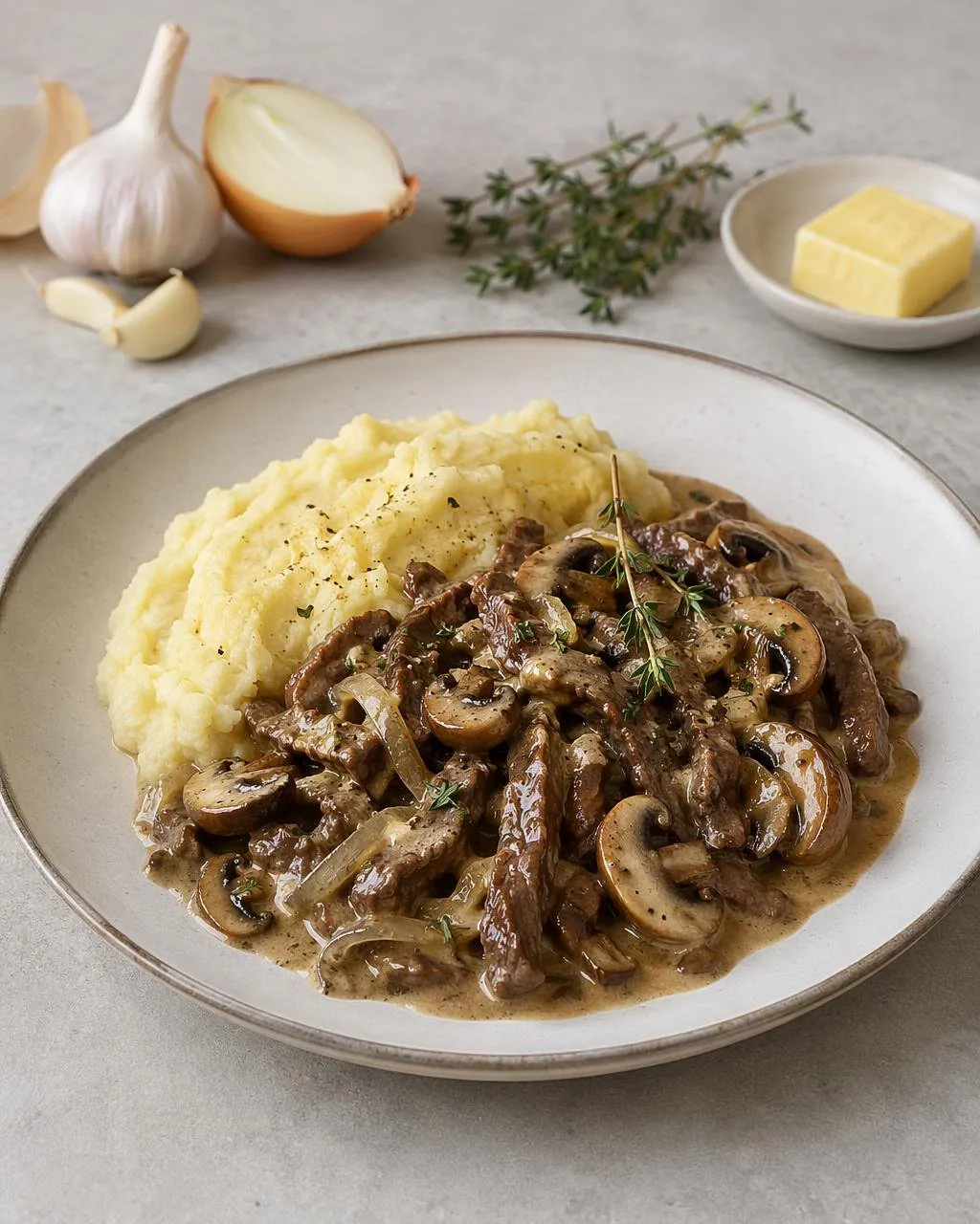 Lövbiffspanna med champinjoner och vitlök