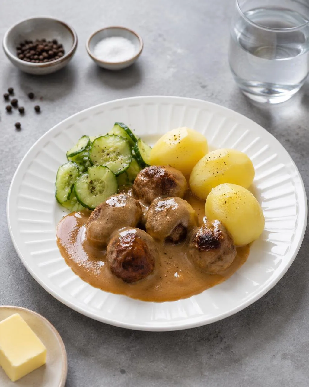 Köttbullar med brunsås, pressgurka och kokt potatis