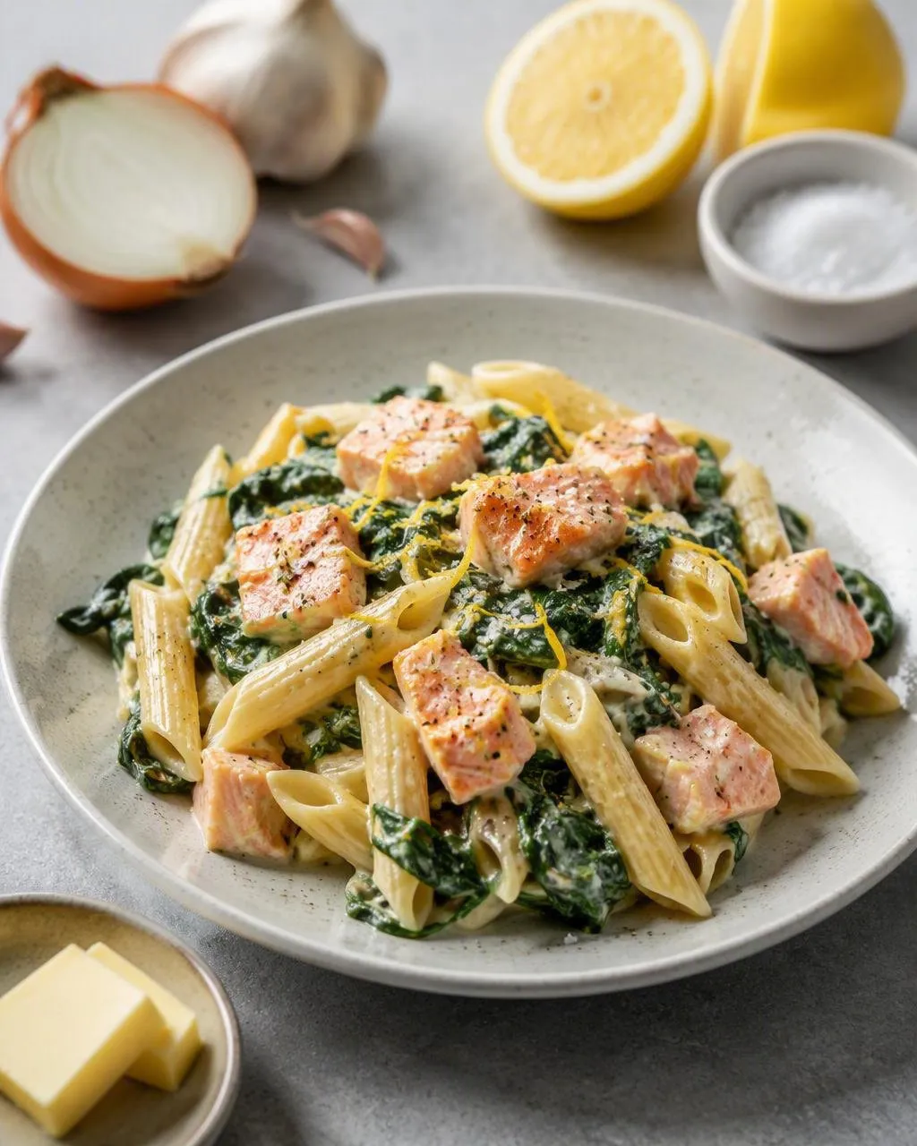 Krämig laxpasta med spenat