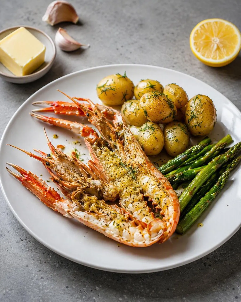 Smörstekta havskräftor med sparris, citron och färskpotatis