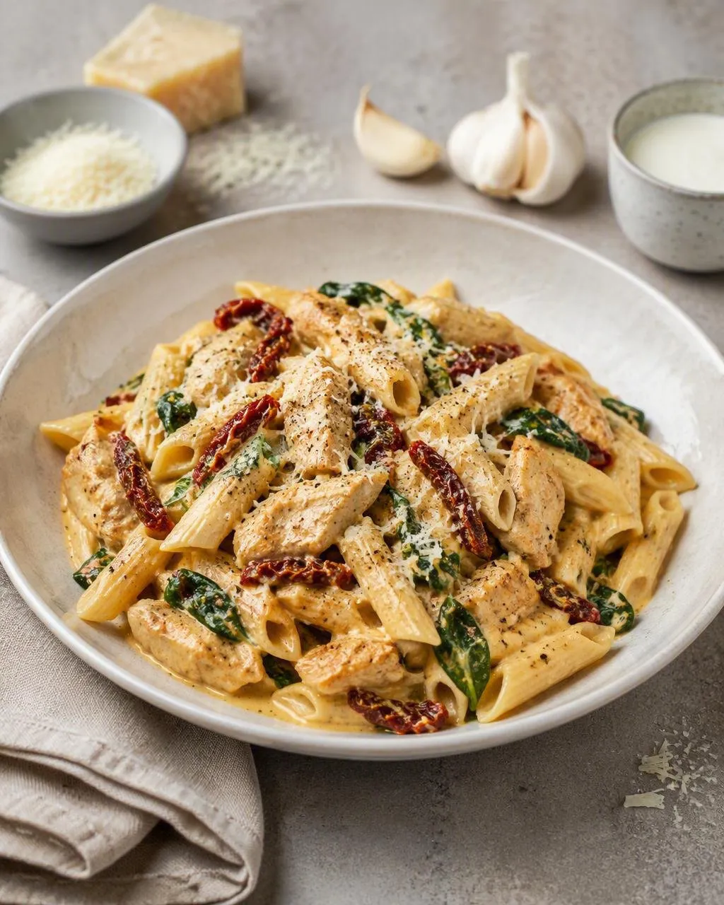 Pasta med krämig kyckling och soltorkade tomater
