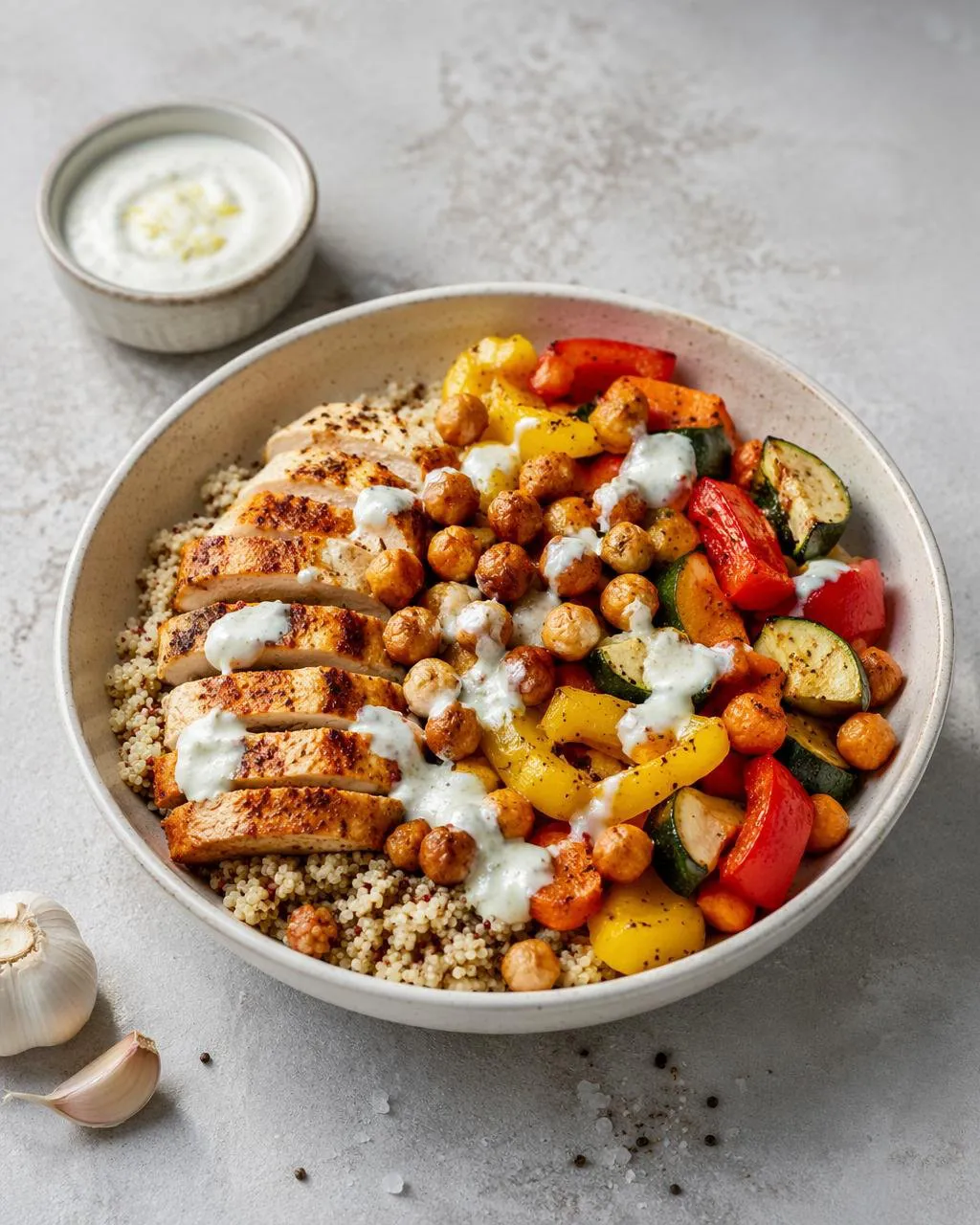 Kycklingbowl med quinoa och rostade grönsaker