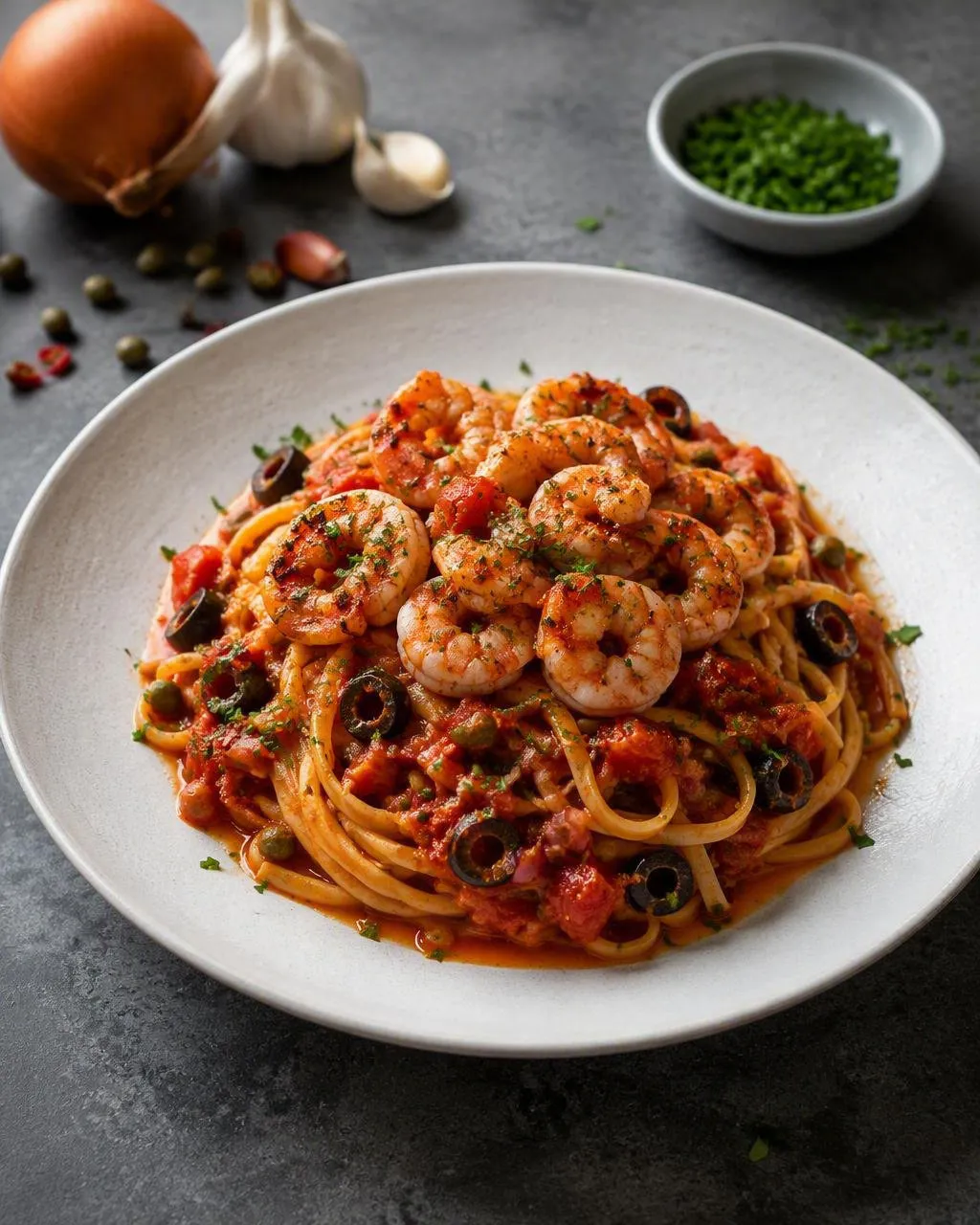 Linguine med puttanescasås och räkor