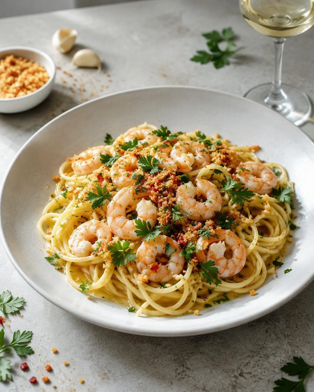 Spaghetti med vitlöksstekta räkor