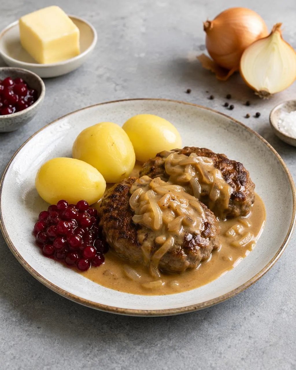 Pannbiff med löksås och kokt potatis