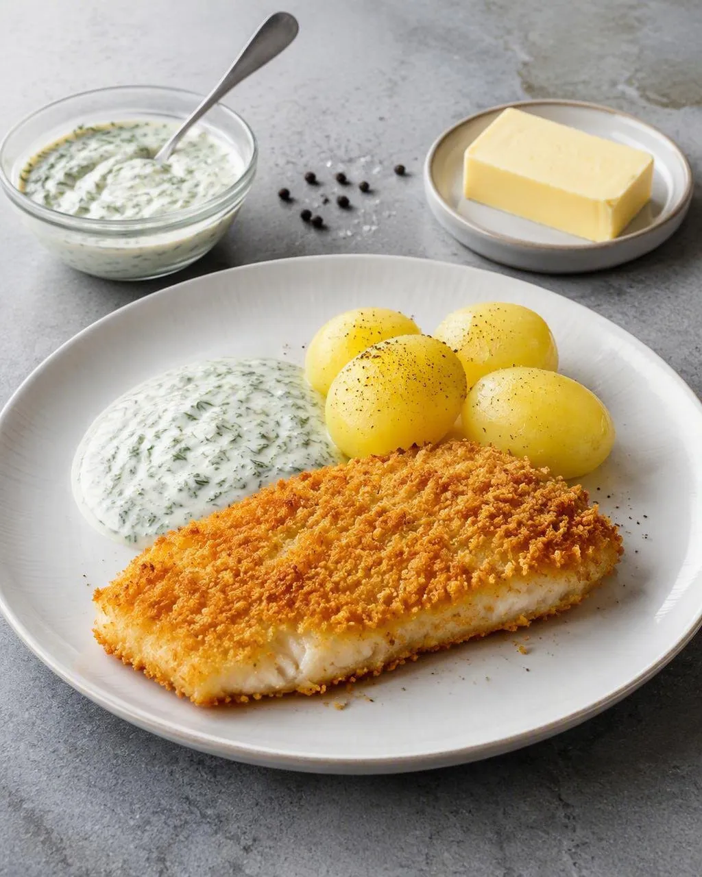 Panerad fisk med kall dillsås