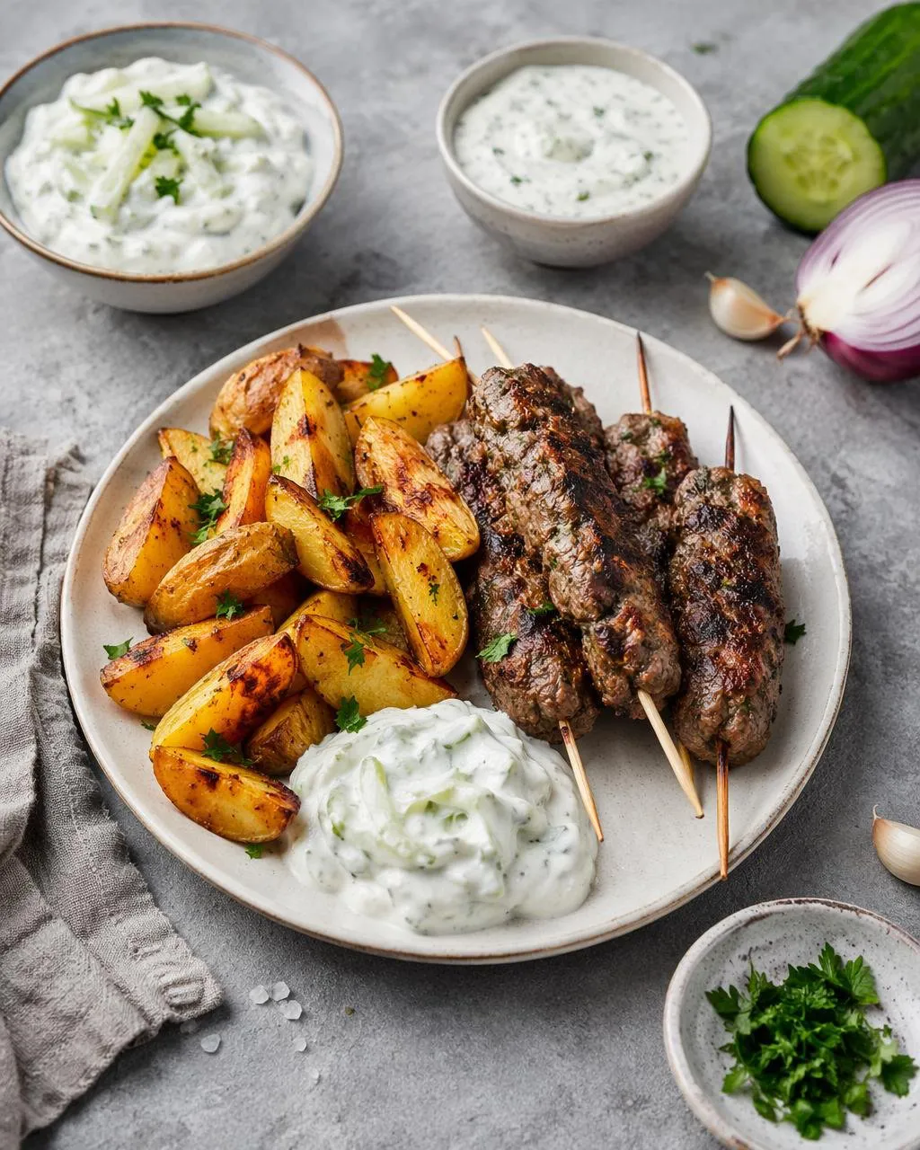 Lammfärsspett med tzatziki och rostad potatis