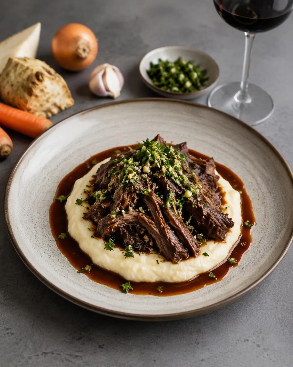 Högrev som faller isär med rotselleripuré och gremolata