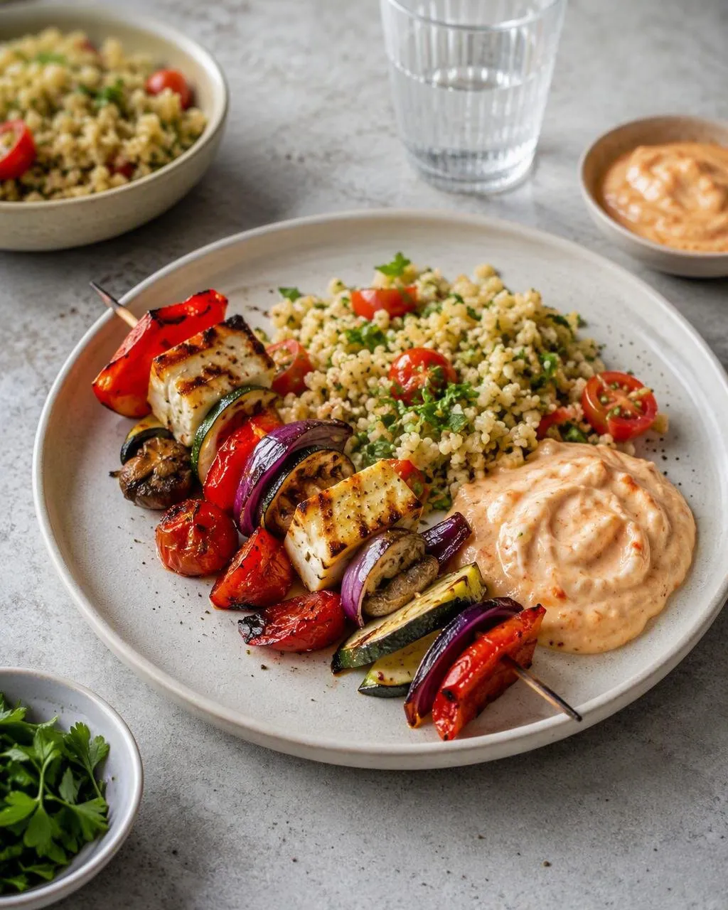 Grillade halloumi- och grönsaksspett med bulgur och harissayoghurt