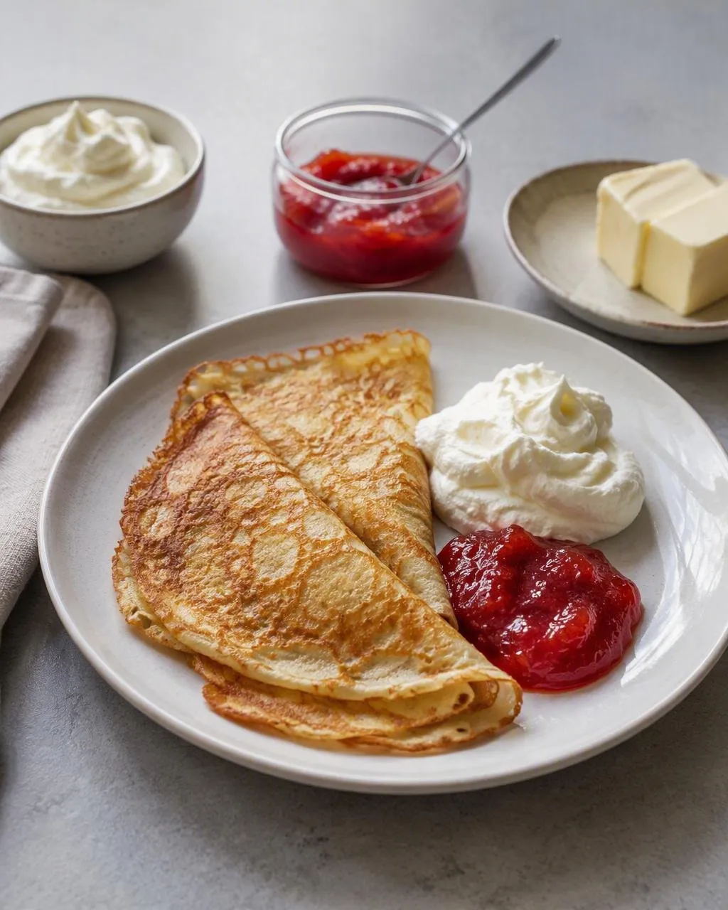 Tunna pannkakor med jordgubbssylt