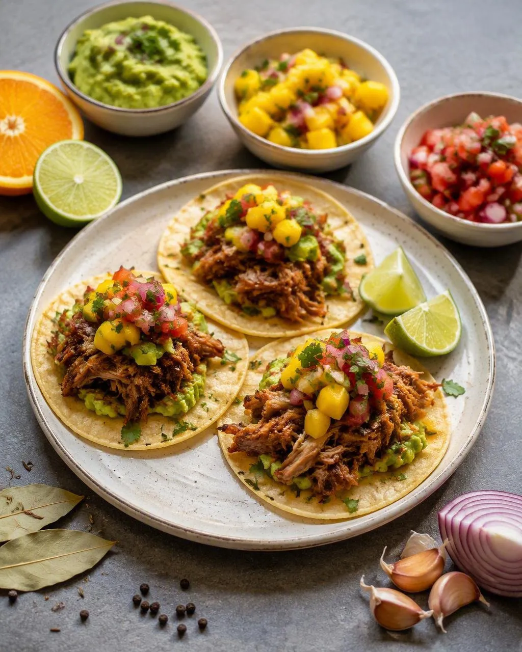 Carnitas med guacamole, mangosalsa och pico de gallo