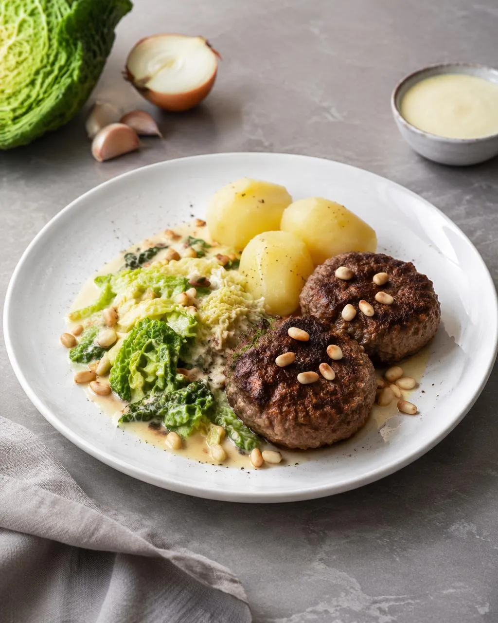 Lammfärsbiffar med gräddkokt savojkål
