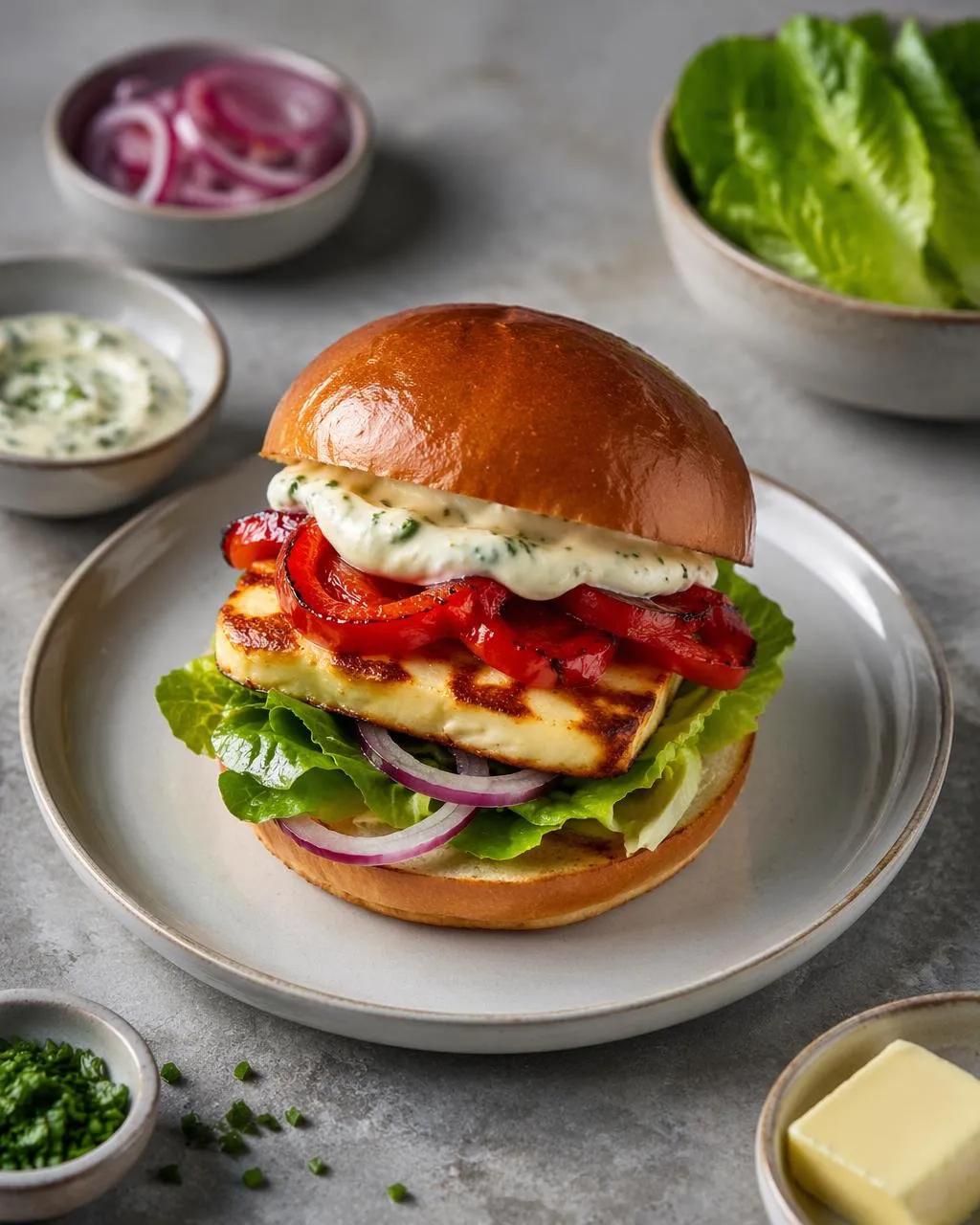 Halloumiburgare med rostad paprika