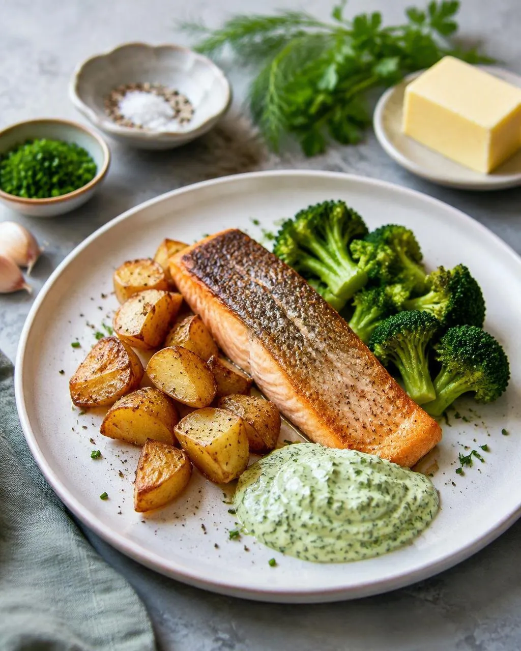 Stekt lax med rostad potatis och örtsås