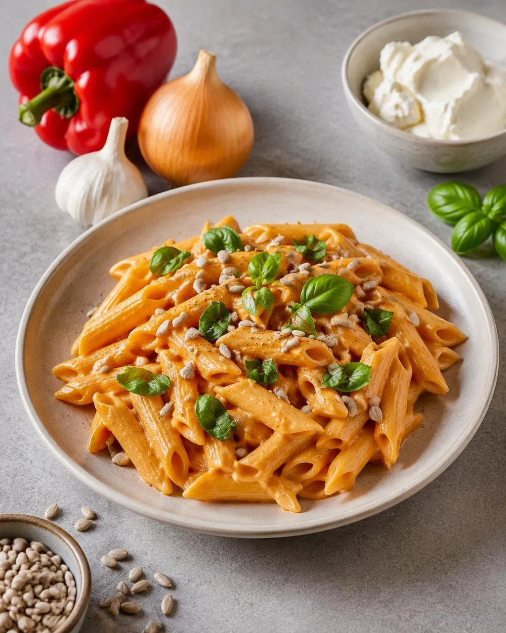 Pasta med rostad paprikakräm och färskost
