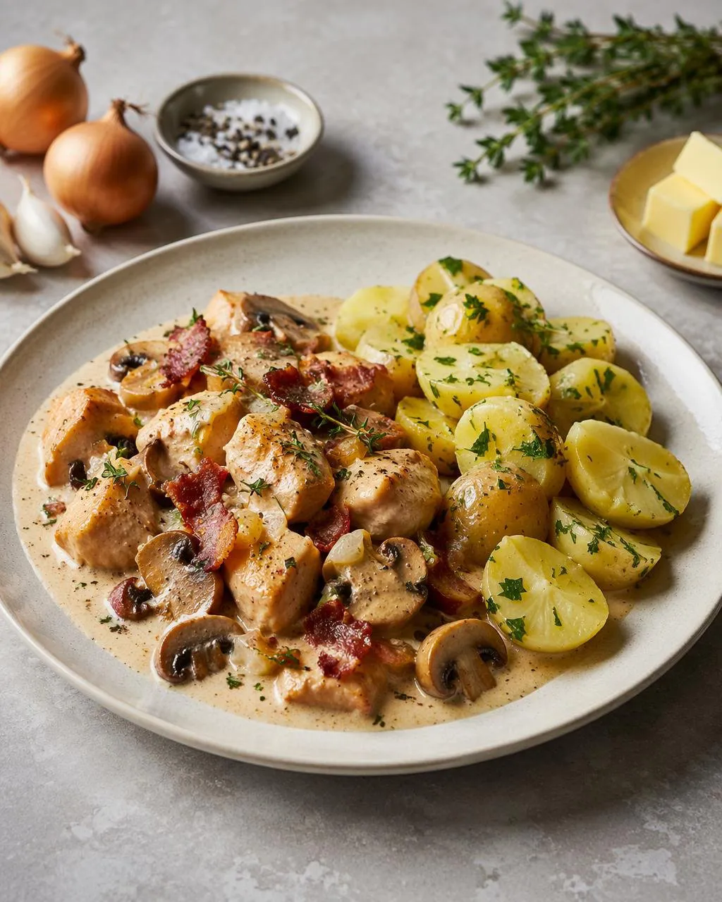 Kycklinggryta med bacon och svamp