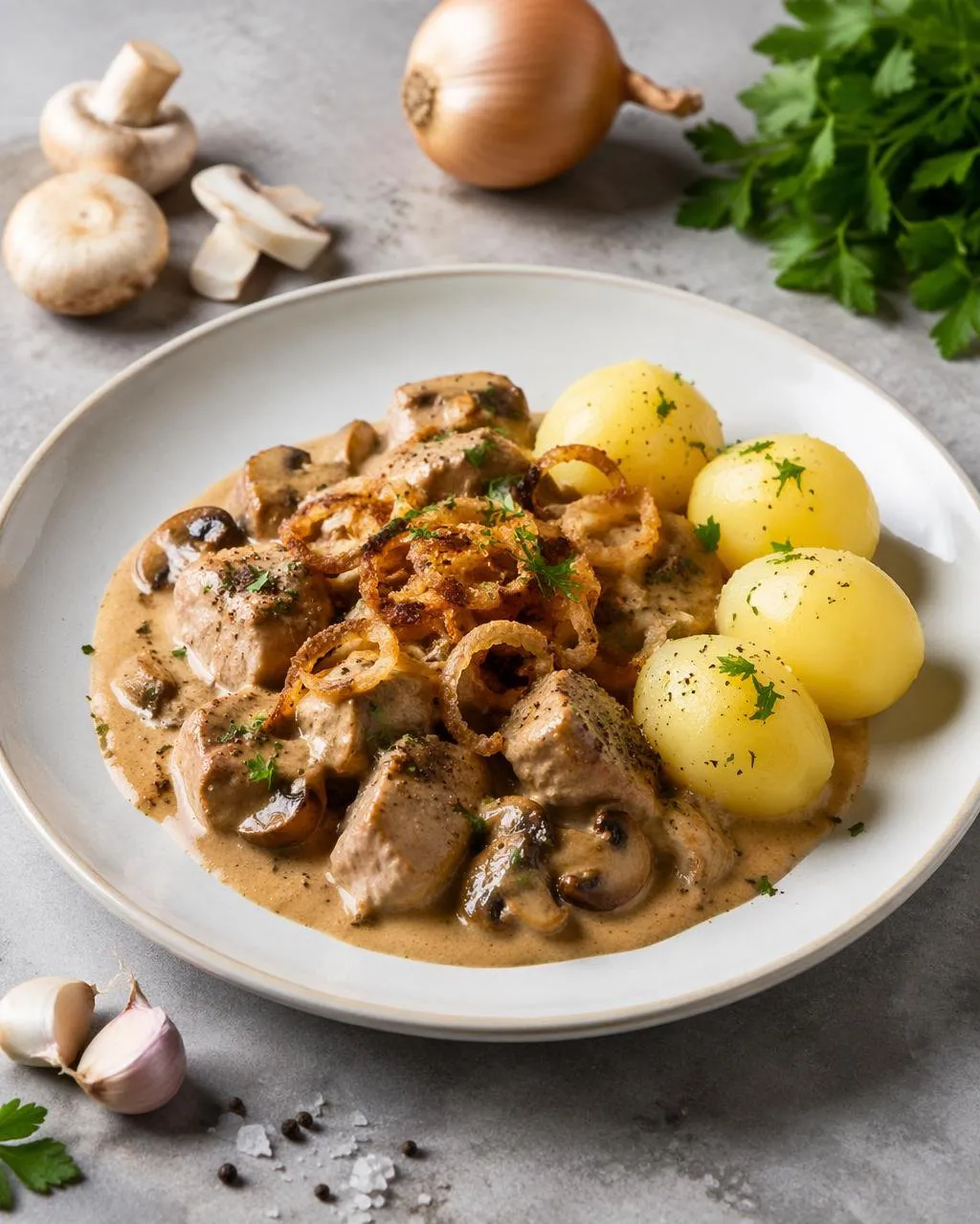 Fläskfilégryta med champinjoner