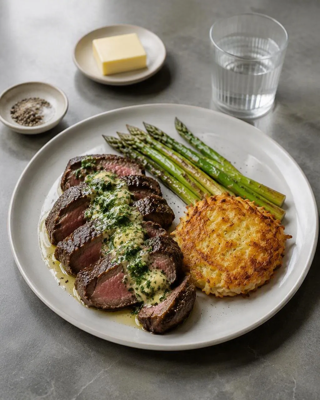 Entrecôte med brynt örtsmör, rostad sparris och rösti
