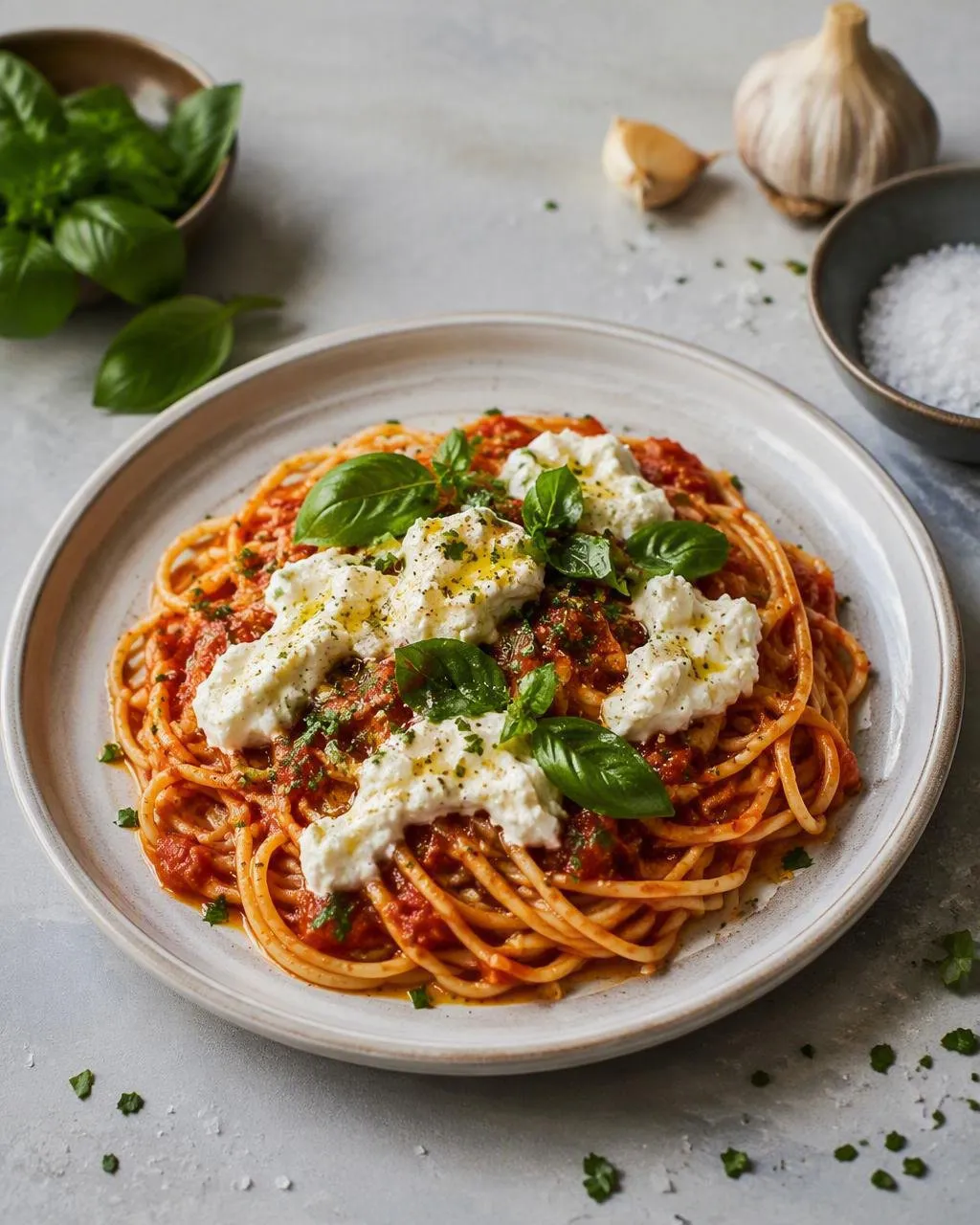 Spaghetti med stracciatella och tomat