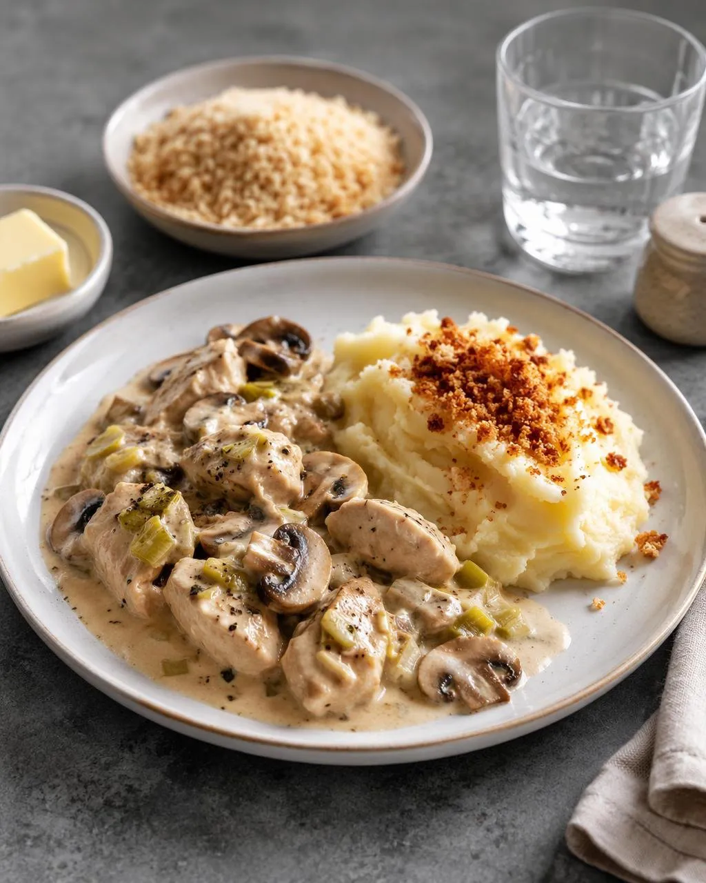 Kycklinggryta med champinjoner och purjolök