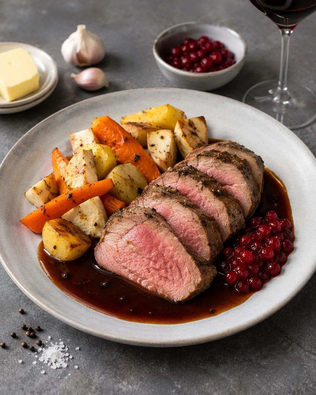 Lammstek med rotfrukter och rödvinssky