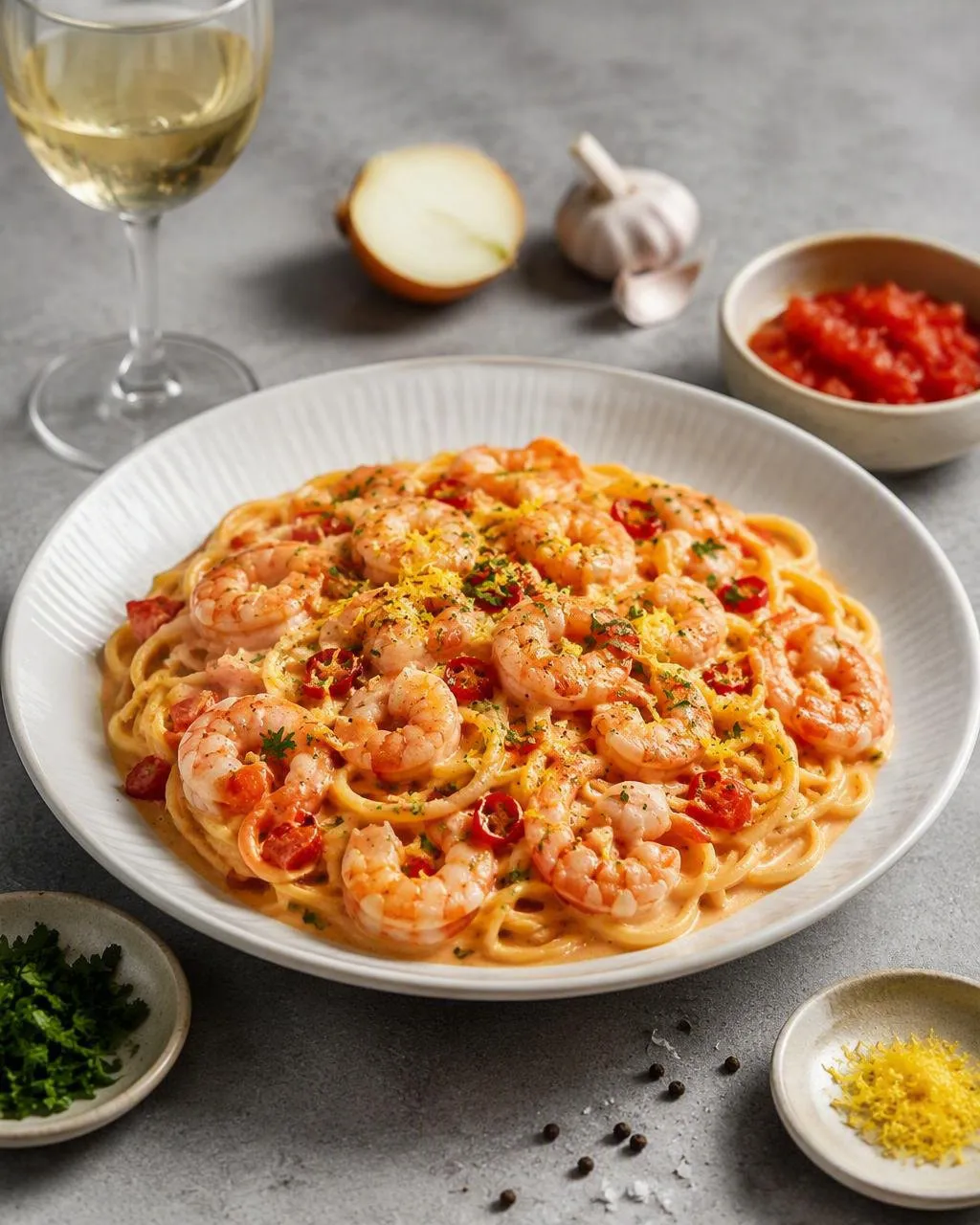 Krämig räkpasta med chili