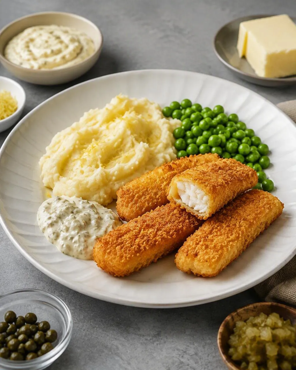 Fiskpinnar med potatismos och ärtor