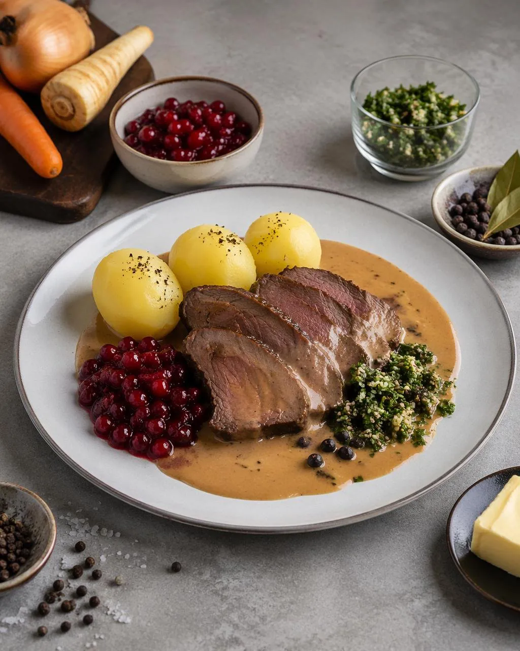 Hjortstek med gräddsås och rårörda lingon