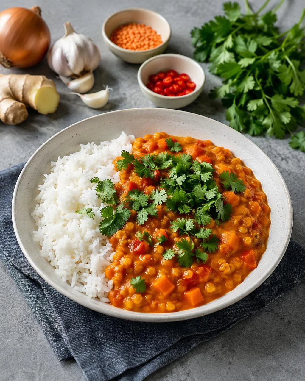 Lins- och morotsgryta med chili, ingefära och koriander