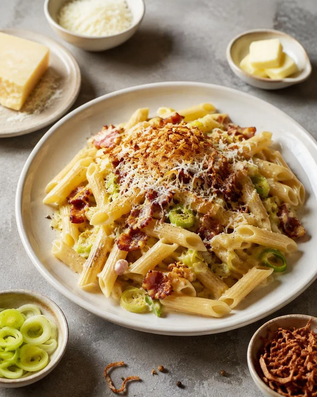 Krämig pasta med bacon och purjolök