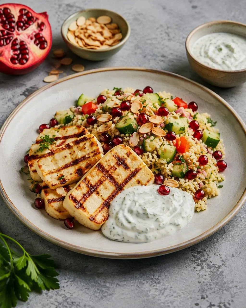 Grillad halloumi med couscoussallad och myntayoghurt
