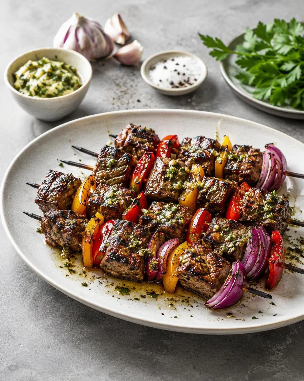 Grillade biffspett med paprika och vitlökssmör