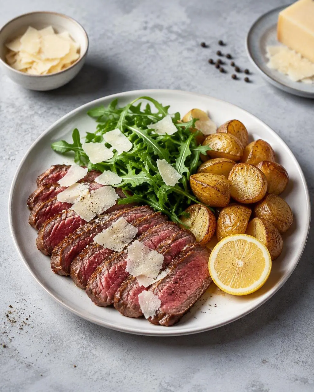 Tagliata på ryggbiff med ruccola, parmesan och rostad potatis