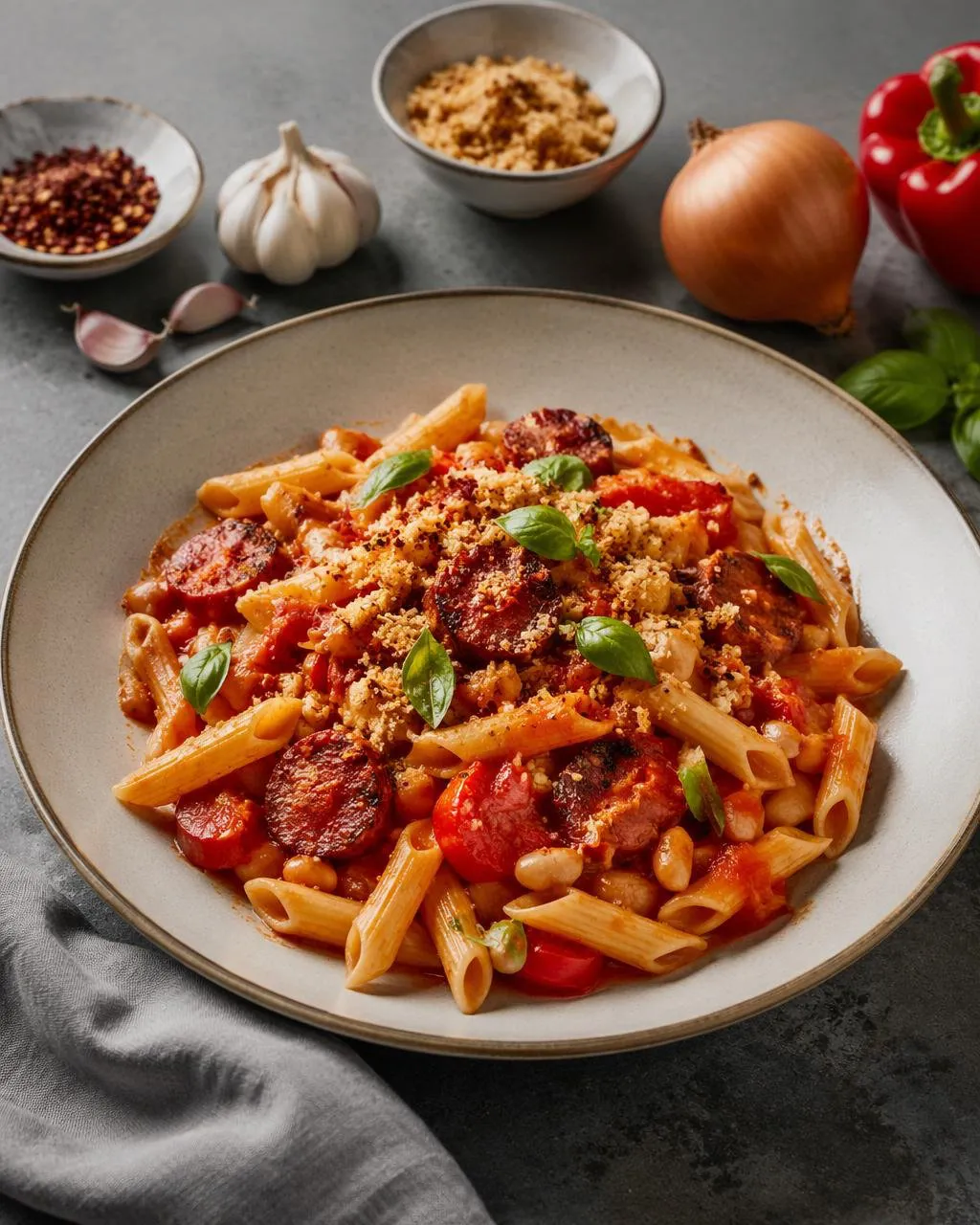 Chorizo- och bönpasta i tomatsås
