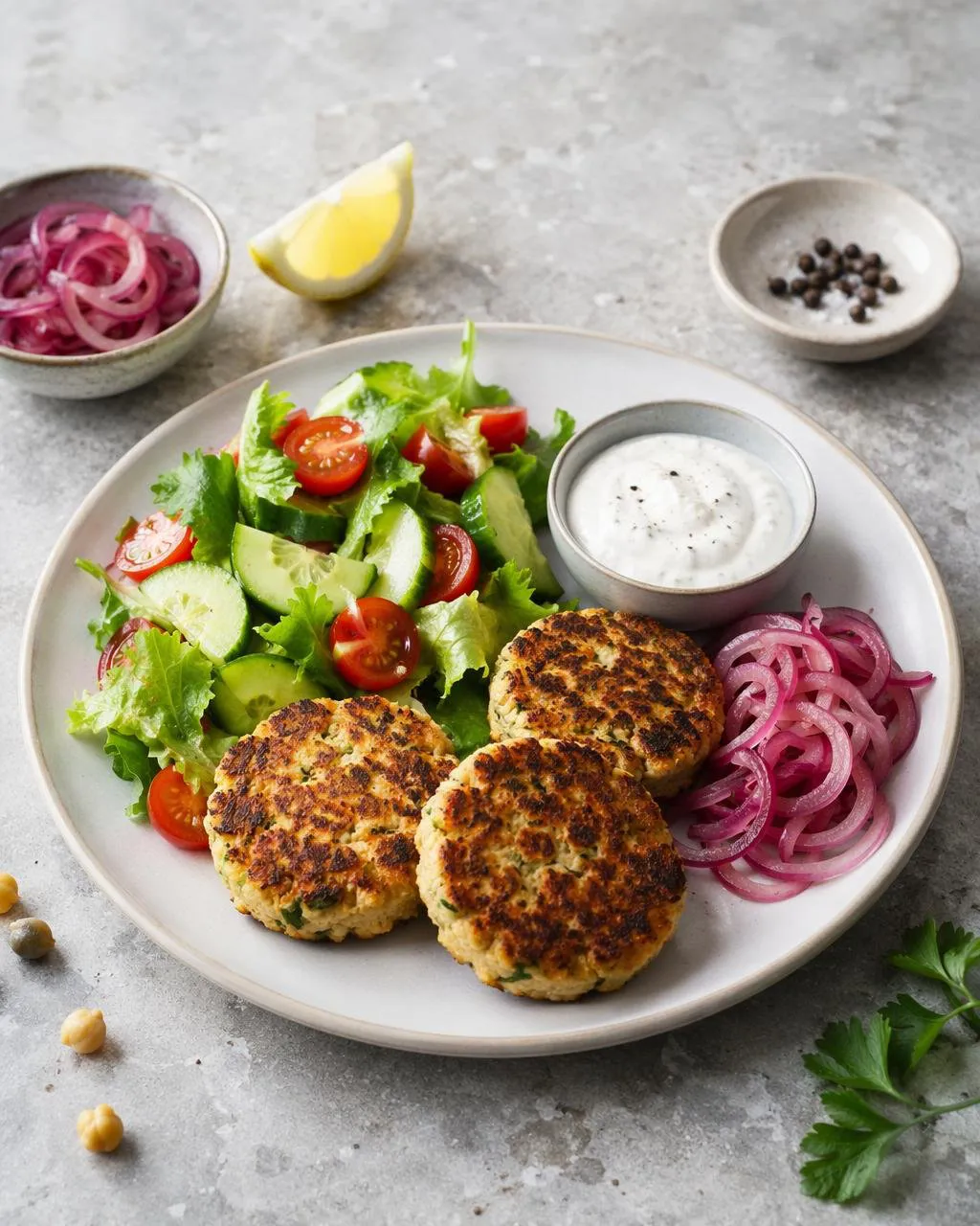 Halloumi- och kikärtsbiffar med yoghurtsås