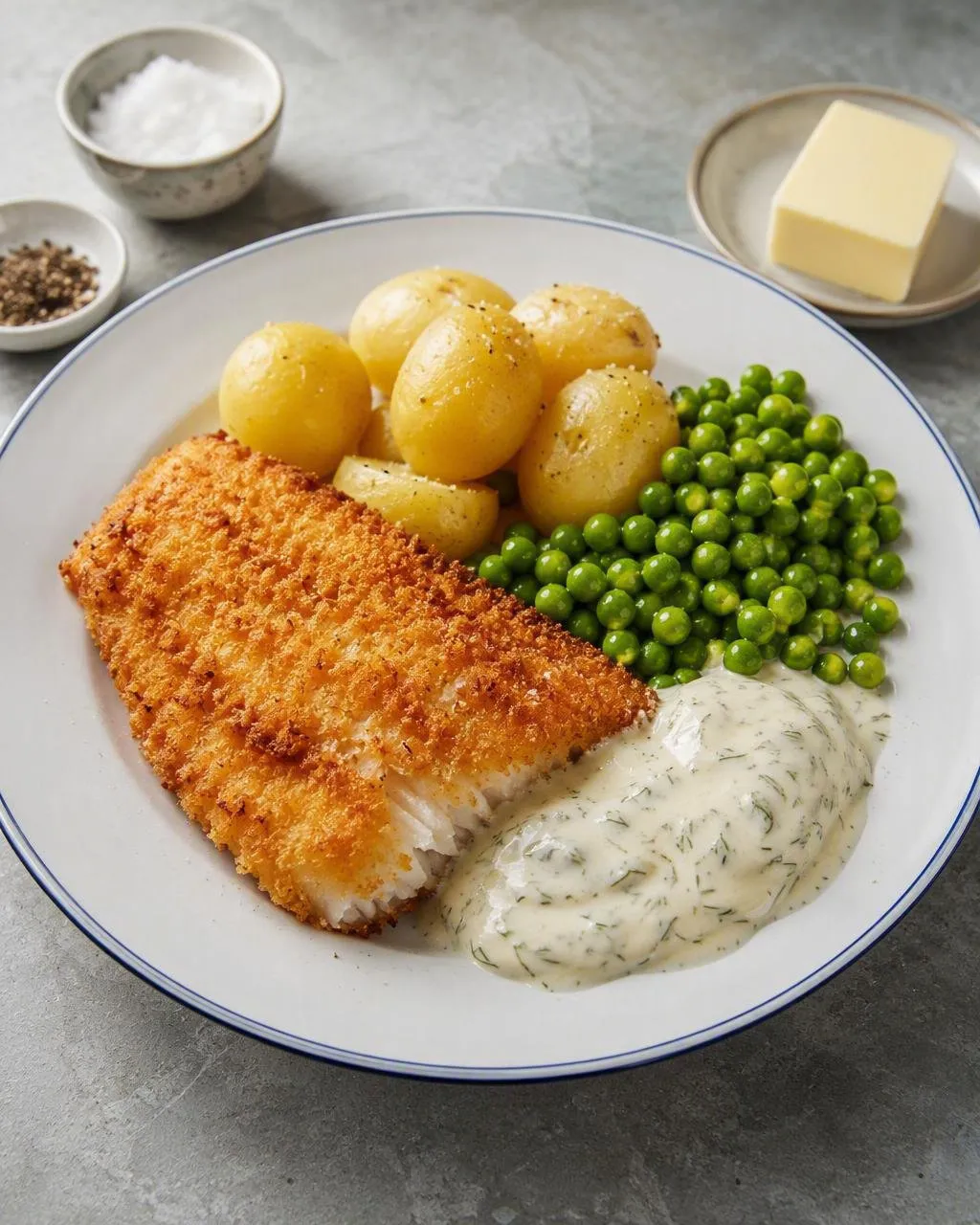 Pankotorsk med kall dillsås och ärtor