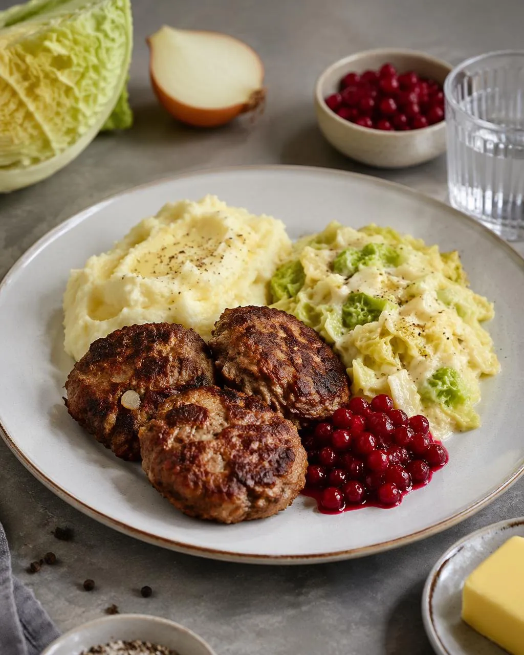 Lammfärsbiffar med gräddkokt savoykål