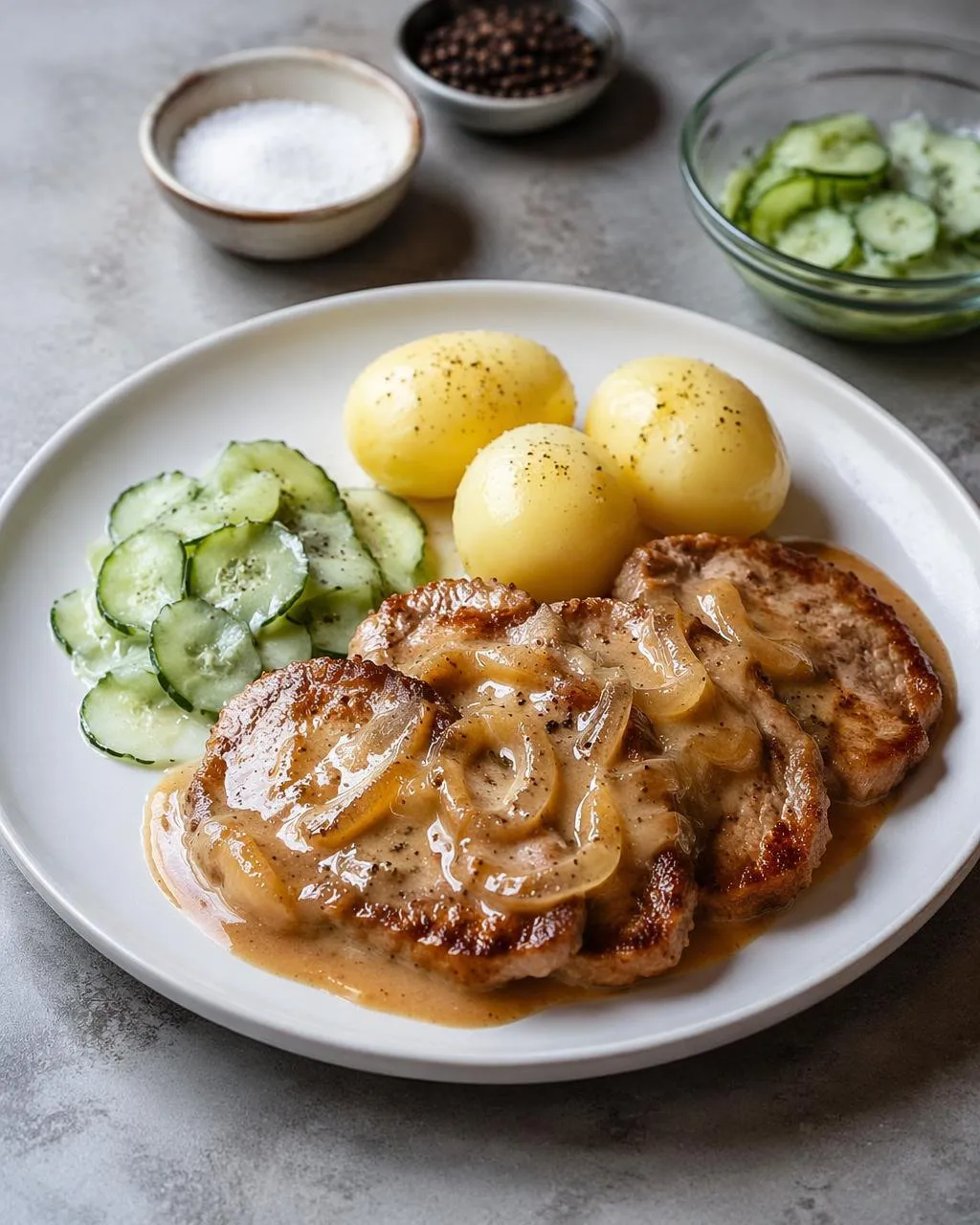 Fläskkarré med löksås och kokt potatis