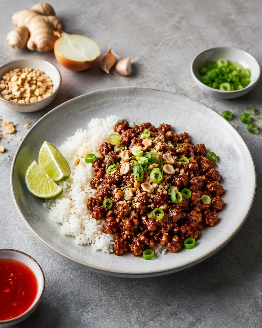 Sweet chili-stekt fläskfärs med ris