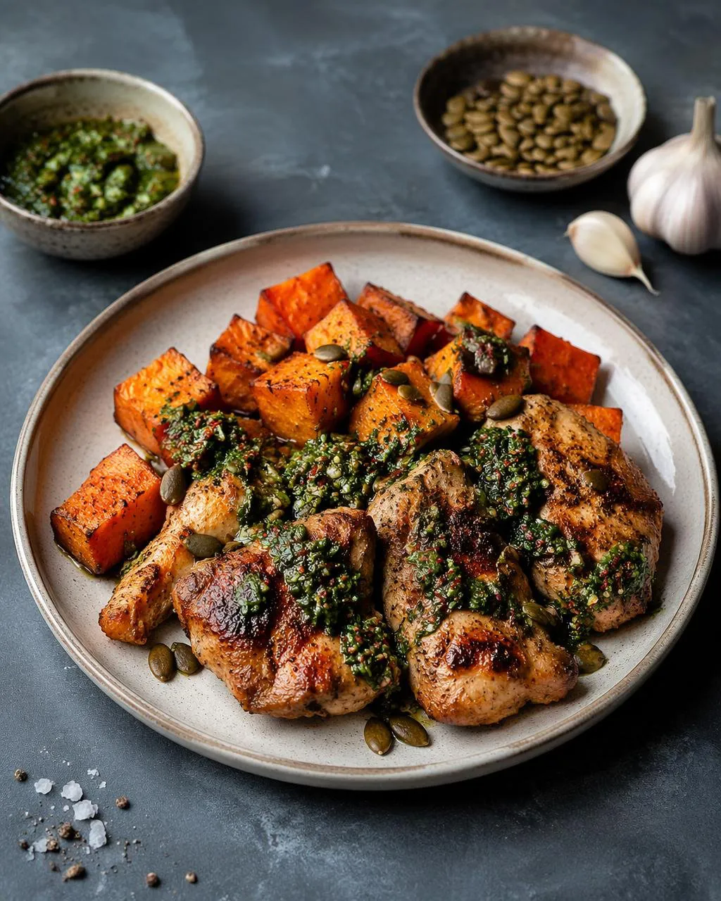 Kyckling med rostad sötpotatis och chimichurri