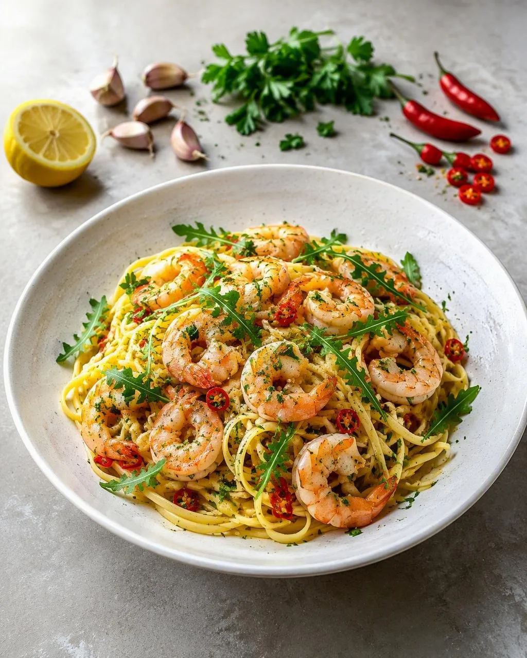 Linguine med räkor, vitlök och citron